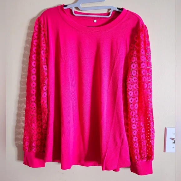 Women's Hot Pink Eyelet Lace Puffy Long Sleeve Top Size L - Picture 3 of 6
